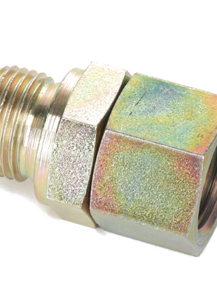 A close-up image of an AGCO ADAPTER - AL5027439, showcasing its metallic hexagonal hydraulic fitting with a threaded male end and a hex nut. The iridescent-coated metal enhances its sleek design. No current product description information is available.