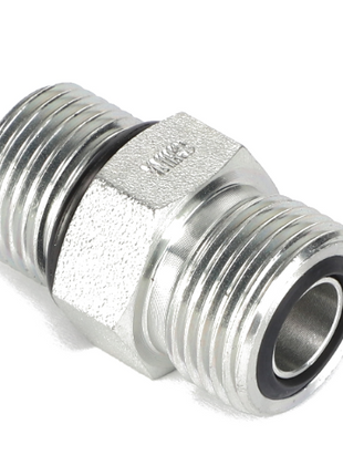 The AGCO | CONNECTOR - CH148-8340 is a robust metallic male hydraulic hose fitting featuring a textured surface and durable black O-rings at each end, designed to ensure a secure, leak-proof connection for hydraulic systems.