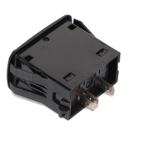 Close-up of an AGCO ROCKER SWITCH - AG124432, a black plastic electrical component featuring metal prongs. The switch is viewed from an angle that clearly shows its connectors. This rocker switch is branded by AGCO.