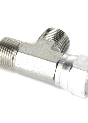The AGCO | SWIVEL TEE FITTING - CH148-8444 is a metal T-shaped pipe fitting featuring threaded ends on two sides and a Male Flat Face hexagonal fitting on the third side.