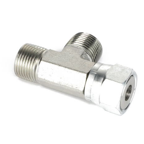 The AGCO | SWIVEL TEE FITTING - CH148-8444 is a metal T-shaped pipe fitting featuring threaded ends on two sides and a Male Flat Face hexagonal fitting on the third side.