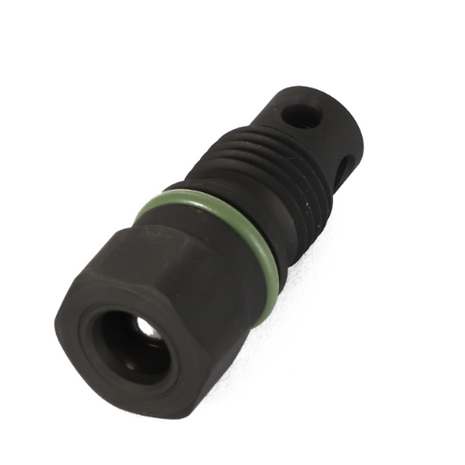 The AGCO Bleed and Drain Valve - F530200710240 is a black metal nozzle featuring threaded sections and a green ring in the middle, with no current product description available. It is likely designed for use in mechanical or hydraulic systems.