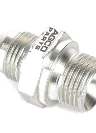 Silver cylindrical metal connector with threaded ends, featuring the text "AGCO PARTS" engraved on the hexagonal nut section, known as AGCO Adapter - AL5027417.