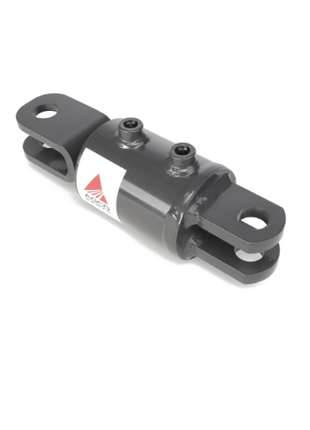 The AGCO Hydraulic Cylinder - Acw2347020 is a cylindrical metal object with two flat, extended ends featuring bolt holes, designed for mechanical linkage or attachment purposes. Currently, there is no additional product description information available.