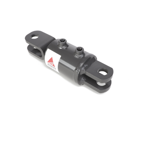 The AGCO Hydraulic Cylinder - Acw2347020 is a cylindrical metal object with two flat, extended ends featuring bolt holes, designed for mechanical linkage or attachment purposes. Currently, there is no additional product description information available.