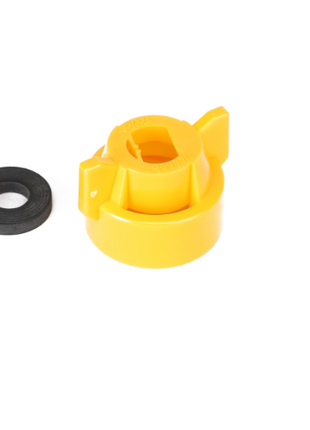 A yellow plastic Quick TeeJet Cap, model ACP0484500, featuring three tabs next to a black rubber washer, both placed on a white background. For any product questions or assistance regarding AGCO products, please reach out to our support team.