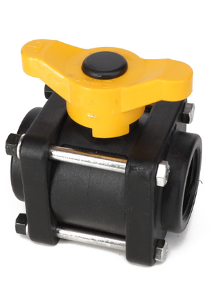 A black and yellow plastic full port ball valve with a T-shaped handle and metal bolts, known as the AGCO BALL VALVE - AG524024.