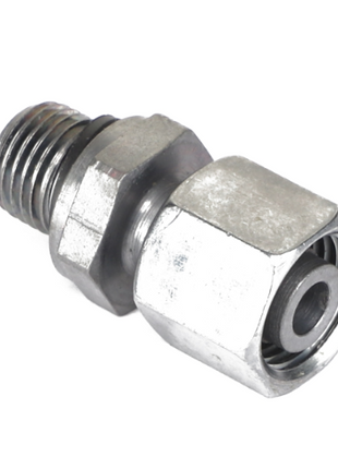 The AGCO | ADAPTER - AL5027966 is a metal hydraulic fitting featuring a male threaded end and a hexagonal nut for secure tightening.