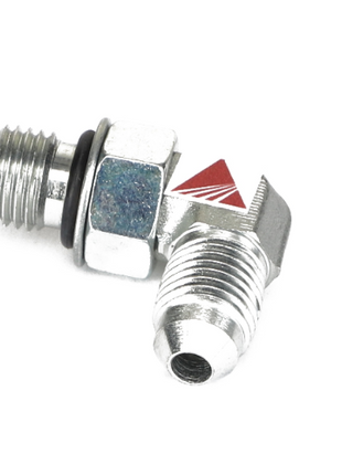 Introducing the AGCO | ADAPTER FITTING - AG717004: a metal elbow pipe connector with two threaded ends, a hexagonal bolt in the center, and a black O-ring gasket. It also features a distinctive red triangular logo on one side. Product description information is currently unavailable.