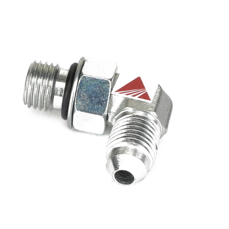 Introducing the AGCO | ADAPTER FITTING - AG717004: a metal elbow pipe connector with two threaded ends, a hexagonal bolt in the center, and a black O-ring gasket. It also features a distinctive red triangular logo on one side. Product description information is currently unavailable.