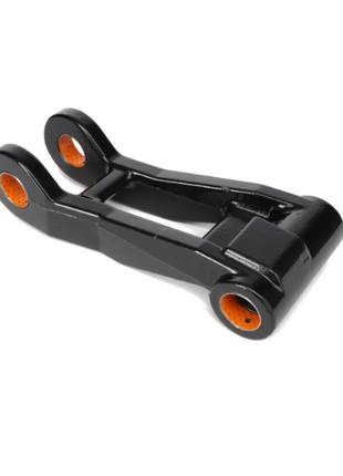 Close-up of the AGCO | LINK - AL269612, a black metal automotive suspension link component featuring orange bushings. No current product description information is available.