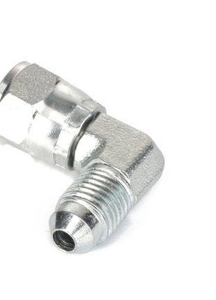 The AGCO | ELBOW FITTING - AG561367 is a metallic 90° elbow pipe fitting with threading on both ends and features a smooth, polished finish.