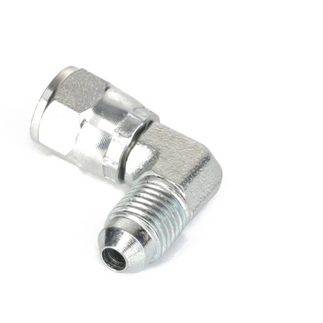 The AGCO | ELBOW FITTING - AG561367 is a metallic 90° elbow pipe fitting with threading on both ends and features a smooth, polished finish.