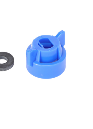 A blue plastic mechanical part, the AGCO Quick TeeJet Cap (Model: ACP0484480), featuring grooves and tabs, is showcased on a white background alongside a black washer. For ordering information or assistance, please contact our support team.