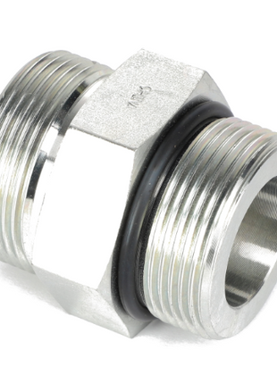 The AGCO CONNECTOR - CH148-8334 is a metal pipe fitting with threaded ends and a black rubber O-ring in the middle; however, no current product description information is available.