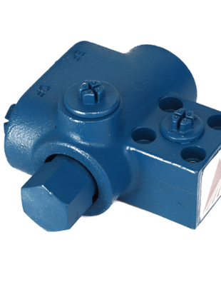 The AGCO Priority Valve - 4282285M2 is a blue hydraulic valve featuring multiple ports, a hexagonal nut, and a logo on one side. No current product description available.