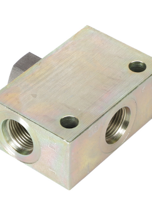 A rectangular metallic hydraulic flow control valve with three threaded ports on its sides, branded as AGCO and known as the Depth Control Valve - Sn18167.