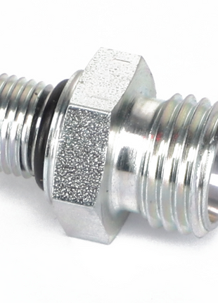 The AGCO | Connector Fitting - Acw3739640 is a metal threaded fitting with a hexagonal midsection and features a black O-ring for a secure seal.