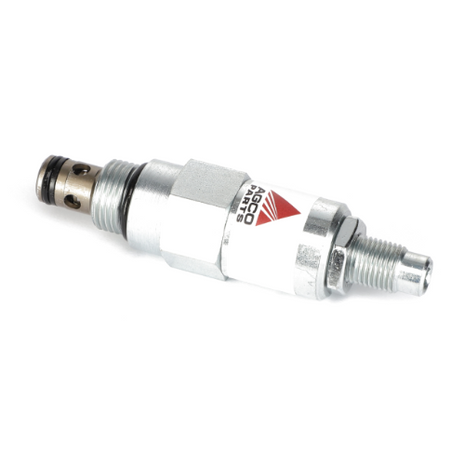 A metal automotive sensor part with threaded ends and a hexagonal nut section in the middle, labeled AGCO | RELIEF VALVE - AG134676 by AGCO.