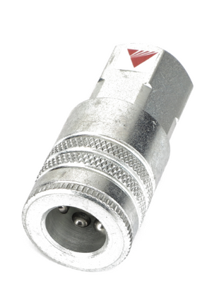 The AGCO Female Coupler - Acx2565190 is a metal quick connect coupling featuring a knurled grip and a red triangular marking. No further product description information is available.