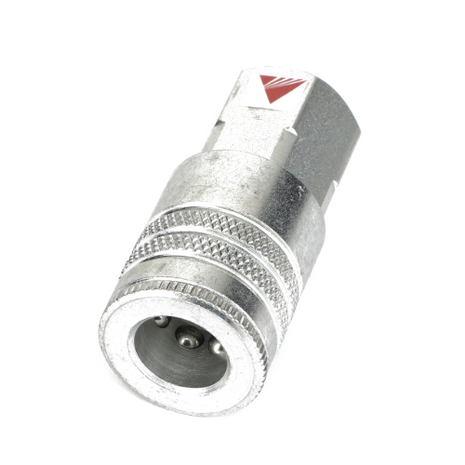 The AGCO Female Coupler - Acx2565190 is a metal quick connect coupling featuring a knurled grip and a red triangular marking. No further product description information is available.