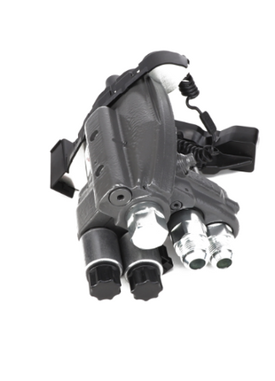 The AGCO | VALVE - AL10570171 by AGCO is a grey-painted hydraulic component featuring multiple connectors, cables, two black plastic knobs, and metal fittings. No current product description information is available.