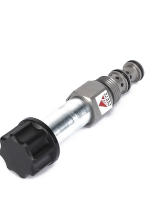 Close-up image of the AGCO | Pressure Valve - Acv0761010, featuring a sleek cylindrical metal body and a sturdy black plastic knob on one end.