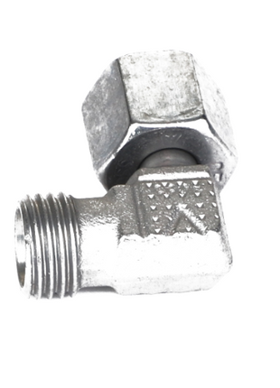 Image of a metal pipe fitting with a right-angle elbow shape, featuring a hexagonal nut on one end and a threaded male connector on the other. This product is the AGCO | Socket - Acp0357730 by AGCO. No current product description available for this product.