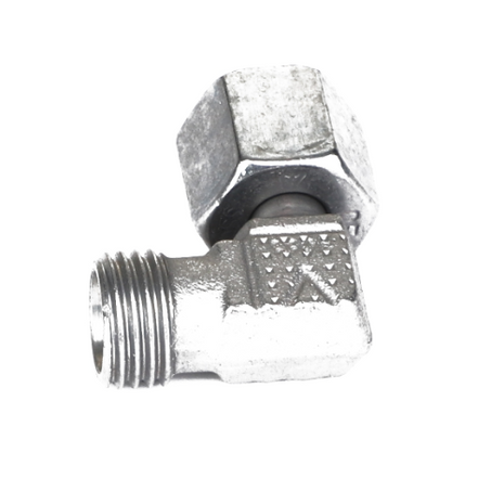 Image of a metal pipe fitting with a right-angle elbow shape, featuring a hexagonal nut on one end and a threaded male connector on the other. This product is the AGCO | Socket - Acp0357730 by AGCO. No current product description available for this product.