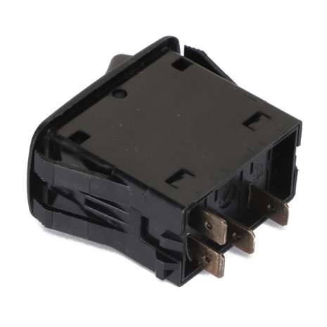 A black rectangular rocker switch with four metal prongs on one side, identified as the AGCO Hazard Light Rocker Switch - AG330504. No current product description information is available.