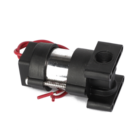 The AGCO SOLENOID VALVE - AG518117 is a small black and silver solenoid valve with red and black wires, featuring a mounting bracket and threaded port. No additional product description information is available beyond these details.