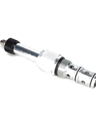 The AGCO PRIORITY FLOW CONTROL - AG059914, a metallic hydraulic valve featuring a cylindrical body, threaded ends, and multiple holes along the shaft, displayed on a white background. No current product description information is available.