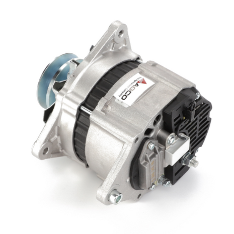 A close-up image of the AGCO Alternator - Acp0227350 showcases its detailed components and a pulley at one end, with a tagged label on the silver casing. The durable casings of this AGCO Genuine product ensure reliable operation.