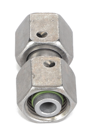 Introducing the AGCO ADAPTER - ACP0345530, a metal hydraulic coupling featuring hexagonal ends and a green seal inside. For any inquiries regarding this product, please don't hesitate to contact our support team.