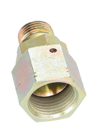 The AGCO ADAPTER - AL5027413 is a metallic hexagonal threaded pipe fitting with a male thread on one end and a hollow interior, designed for connecting pipes in plumbing or mechanical systems.