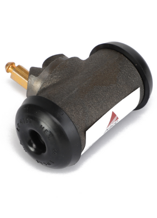 An AGCO wheel cylinder (model ACW1539530) features a cylindrical automotive brake drum with black rubber protective caps on both ends and a brass-colored bleeder screw; no information available on the manufacturer.