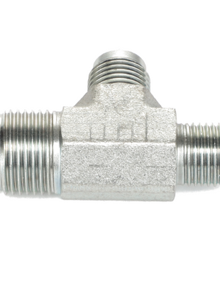 The AGCO ADAPTER - AL5028142 is a metal T-shaped pipe fitting with threaded ends, designed for connecting three sections of pipe or tubing. The current product description information is not available for this item.