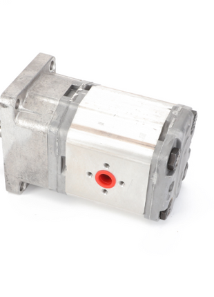 The AGCO Hydraulic Pump - La322049400, featuring a rectangular shape and a red circular port, is displayed against a white background. No current product description information is available.