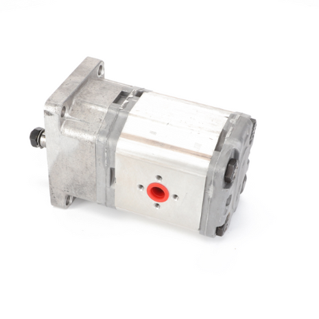 The AGCO Hydraulic Pump - La322049400, featuring a rectangular shape and a red circular port, is displayed against a white background. No current product description information is available.