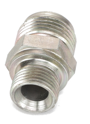 Close-up of the AGCO ADAPTER - AL1120134, a metallic threaded pipe fitting with a hexagonal central section, meticulously engineered by AGCO for seamlessly connecting two pipes.