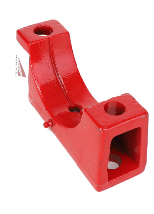 A vibrant red, rectangular AGCO metal bracket, known as the Axle Clamp - Acp0011750, adorned with multiple holes and proudly displaying a distinctive triangular logo.