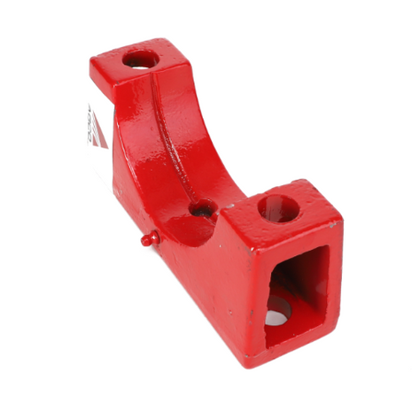 A vibrant red, rectangular AGCO metal bracket, known as the Axle Clamp - Acp0011750, adorned with multiple holes and proudly displaying a distinctive triangular logo.