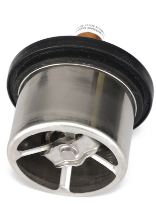 Close-up view of the AGCO Thermostat - Acp0435410, featuring a cylindrical metal body with a black rubber gasket around the top edge. Please note, no current product description available.