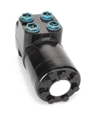 The AGCO | Steering Box - Acw1168790 features a black hydraulic steering control unit with six bolts surrounding a circular port and four blue-capped bolts on top. Current Product Description Information confirms its robust design for optimal performance.