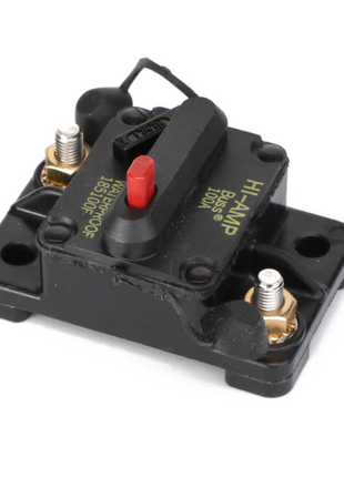 The AGCO | CIRCUIT BREAKER - AG520675 by AGCO is a black automotive circuit breaker with a red reset button, labeled 100A. It features two terminal connections on either side and a mounting base with four screw holes. No current product description information is available for this model.