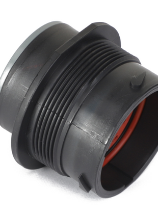 The image shows the AGCO | CONNECTOR - AG521000, a black plastic threaded connector featuring a cylindrical opening and a red internal gasket, displayed on a white background.