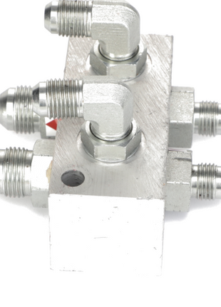A metal hydraulic manifold, known as the AGCO | DISTRIBUTOR VALVE - AL10550412, featuring four mounted fittings which include two right-angle connectors and two straight connectors. No further product description information is available.