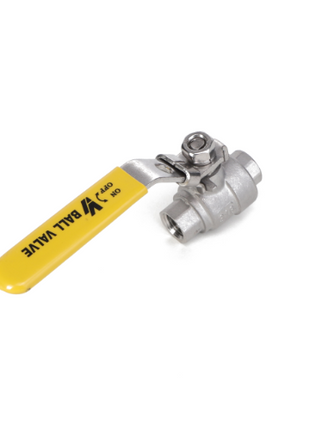 A metal ball valve with a yellow handle labeled "ON/OFF BALL VALVE" lies on a white background. For any questions about ordering the AGCO | BALL VALVE - AG007786 from AGCO, please contact our support team.