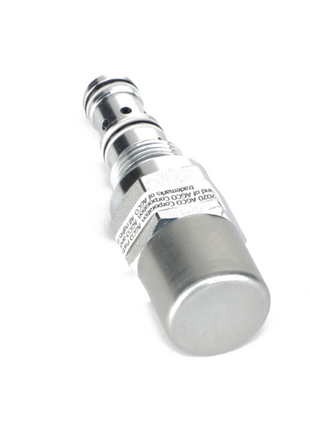 The AGCO | VALVE - AG334144, a metal hydraulic quick-connect coupler with a cylindrical shape and a threaded connector end, is displayed against a pristine white background.