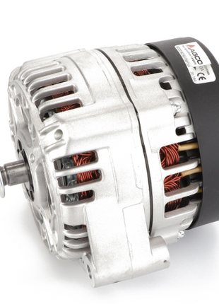 Close-up image of the AGCO Alternator - Acw176815A, highlighting its intricate internal copper wiring coiled inside, with a sleek silver and black design.